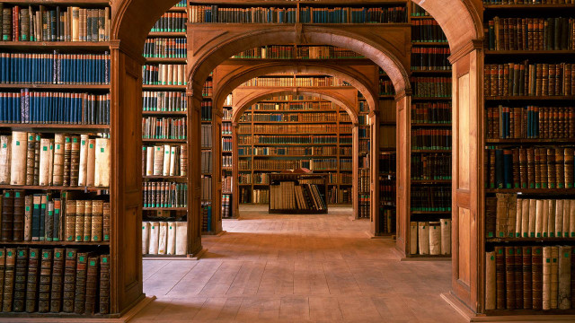 Library archways columns bookshelves medieval free wallpaper - medium preview image