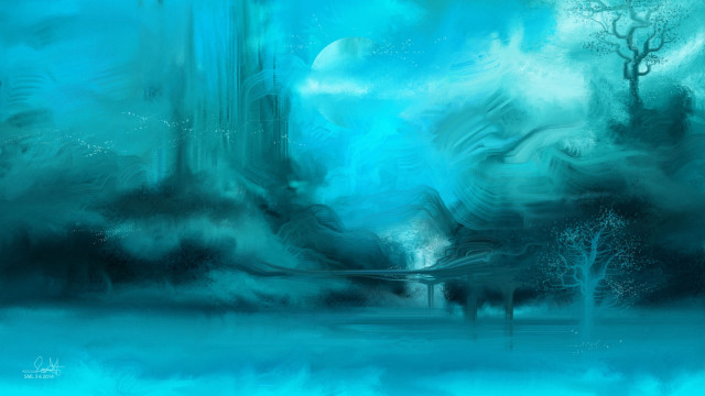 Forest waterfall moonlight fantasy bubble free wallpaper - medium preview image