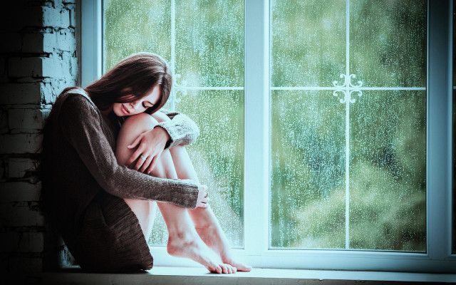 Woman sitting window sill rain free wallpaper - medium preview image
