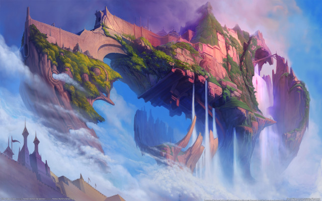 Mountain waterfall castle bridge dragon free wallpaper - medium preview image