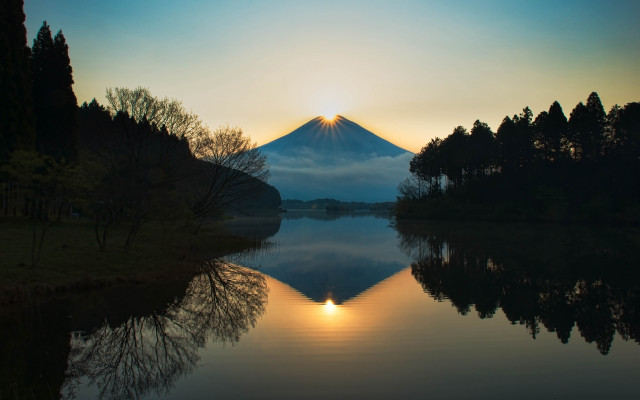 Mountain sunset lake trees reflection free wallpaper - medium preview image