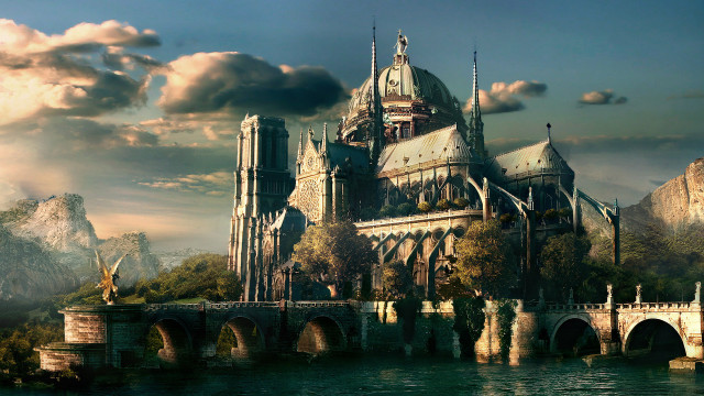 Castle bridge mountains city sunset free wallpaper - medium preview image