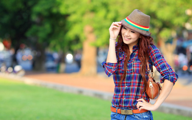 Woman plaid shirt hat park free wallpaper - medium preview image