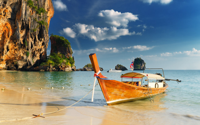 Boat flag beach mountain sunset free wallpaper - medium preview image