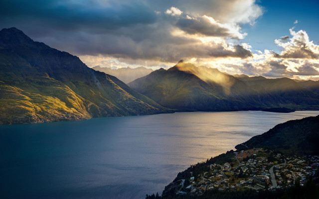 Lake mountains cloudy sky sun free wallpaper - medium preview image