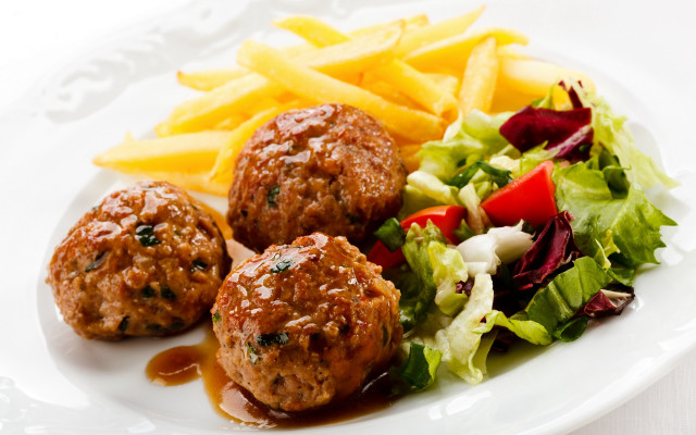 Plate meatballs fries salad dressing free wallpaper - medium preview image
