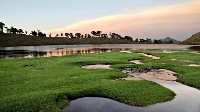 Grassy pond hills dawn land free wallpaper - medium preview image