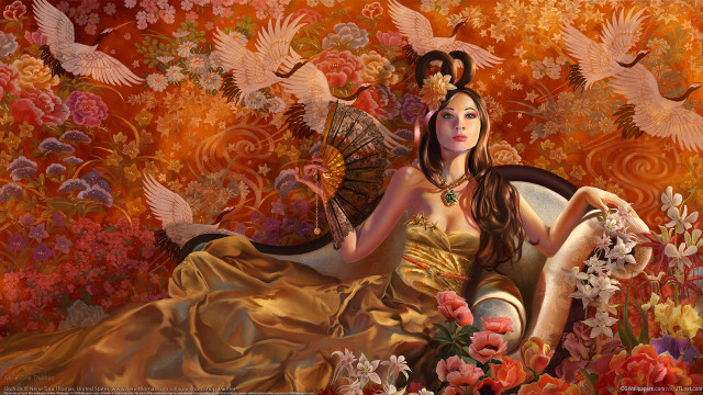Woman flower bird portrait art free wallpaper - medium preview image