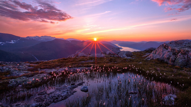 Sunset mountain lake city clouds free wallpaper - medium preview image