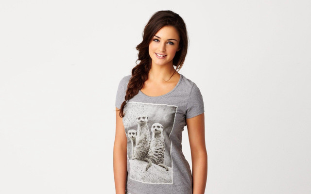 Woman grey shirt meerkats photorealistic free wallpaper for desktop - medium preview image