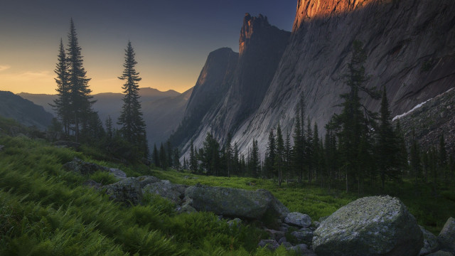 Mountain forest rocks sunset landscape free wallpaper - medium preview image