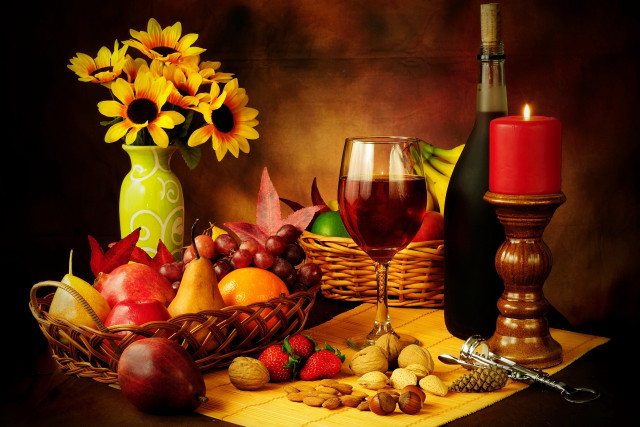 Basket wine candle flowers stilllife free wallpaper - medium preview image