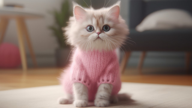 Sad cat pink sweater photorealistic free wallpaper - medium preview image
