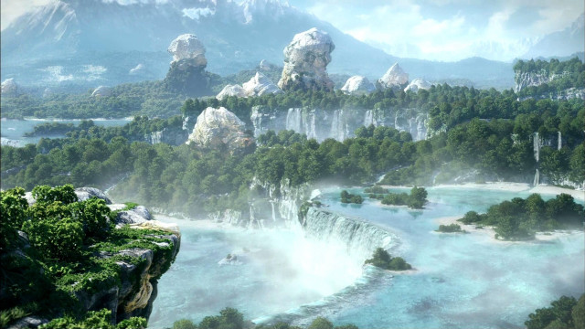 River mountain waterfall scenic photorealism free wallpaper - medium preview image