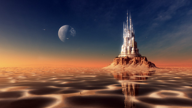 Castle rock ocean moon city free wallpaper - medium preview image