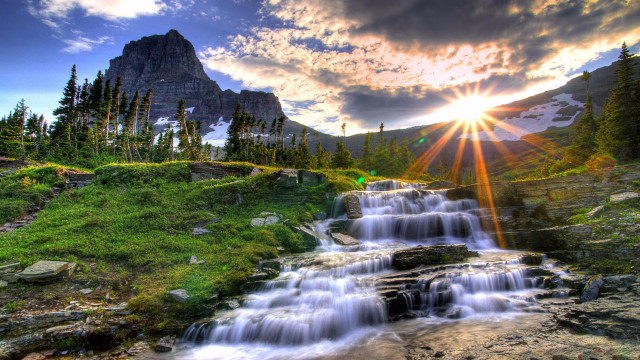 Waterfall mountain sun clouds forest #6 free wallpaper - medium preview image