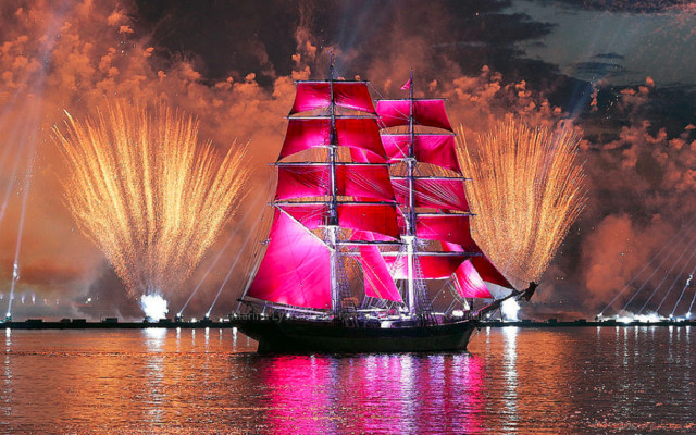 Boat fireworks red sail autumn free wallpaper - medium preview image