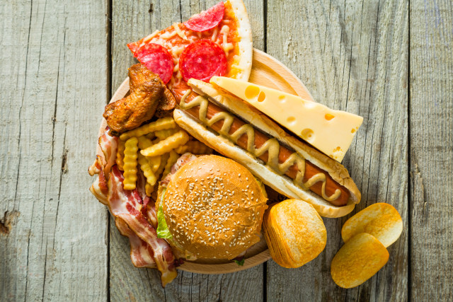 Food hotdog hamburger frenchfries woodentable #2 free wallpaper - medium preview image