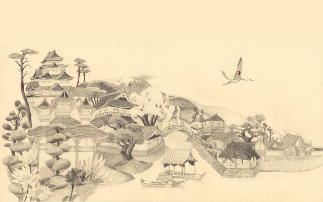 Village bird architecture scenery matte free wallpaper - medium preview image