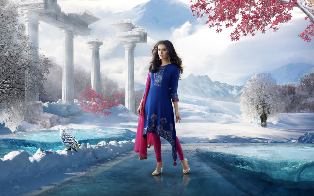 Woman blue dress snowy landscape free wallpaper - medium preview image