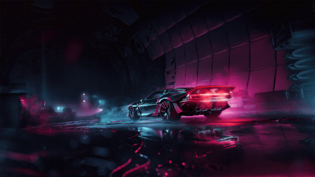 Car neon lit retrofuturism synthwave free wallpaper - medium preview image