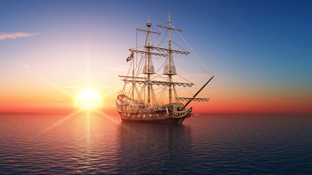 Large boat sunset ocean mountain free wallpaper - medium preview image