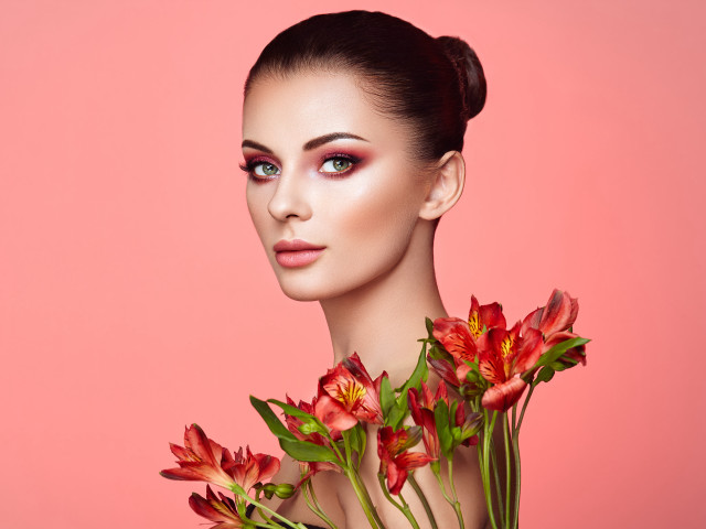 Woman flowers pink background portrait free wallpaper - medium preview image