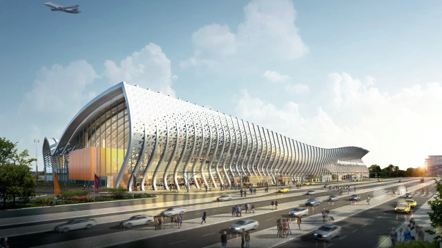 Hypermodern building glass facade bridge free wallpaper - medium preview image