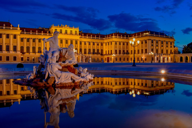 Fountain building clocktower night reflection free wallpaper - medium preview image