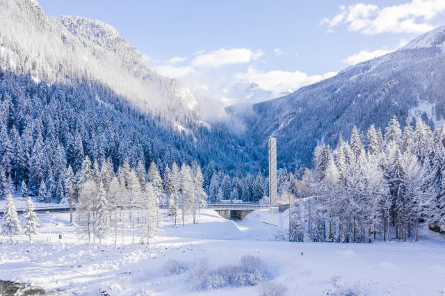 Snowy mountain bridge trees sky free wallpaper - medium preview image