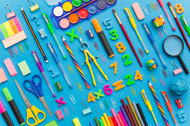 Blue table school supplies scissors free wallpaper - medium preview image