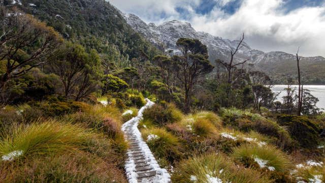 Mountain lake snow trees clouds free wallpaper - medium preview image