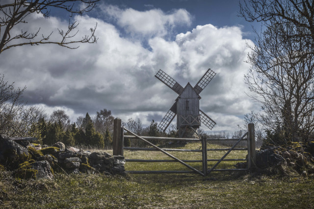 Windmill gate field trees rocks free wallpaper - medium preview image