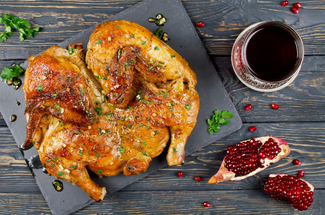 Roasted chicken tea pomegranates slate free wallpaper - medium preview image