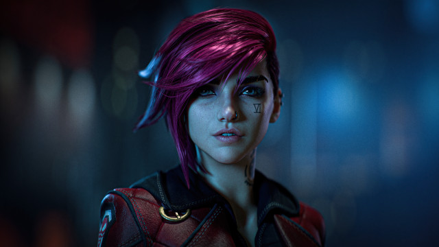 Pink hair cyberpunk portrait blue free wallpaper - medium preview image