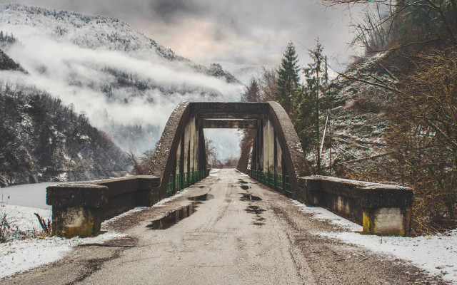 Bridge snow mountains clouds constructivism free wallpaper - medium preview image
