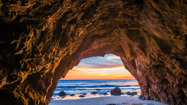 Cave ocean sunset nature landscape free wallpaper - medium preview image