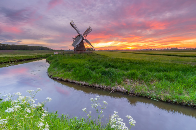Windmill green field river cloudy free wallpaper - medium preview image