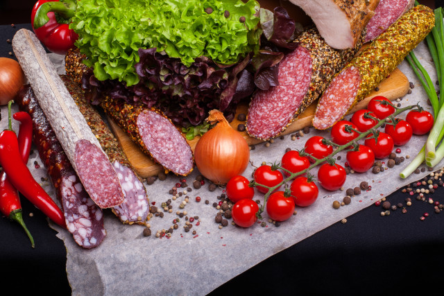 Meat vegetables bread table black free wallpaper - medium preview image