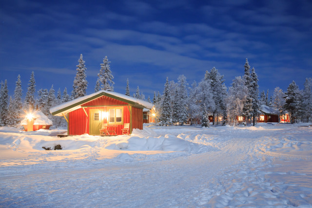 Snowy cabin night forest lights free wallpaper - medium preview image