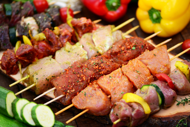 Meats vegetables skewers wooden board free wallpaper - medium preview image