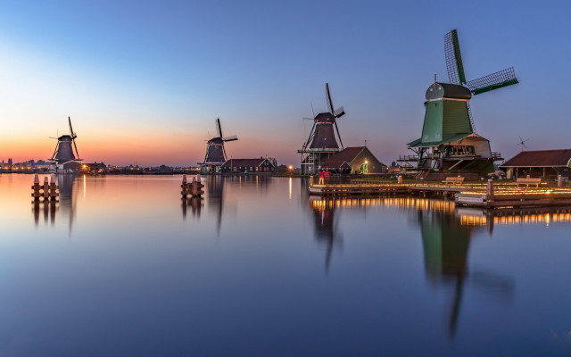 Windmills lake pier boats sunset free wallpaper - medium preview image