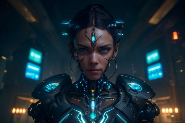 Futuristic woman cyberpunk glowing armor free wallpaper - medium preview image