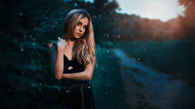 Woman black dress field trees free wallpaper - medium preview image