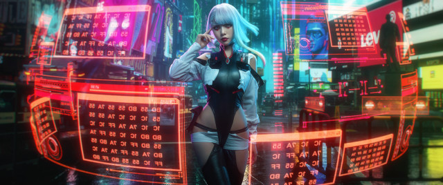 Futuristic city neon cyberpunk woman free wallpaper - medium preview image