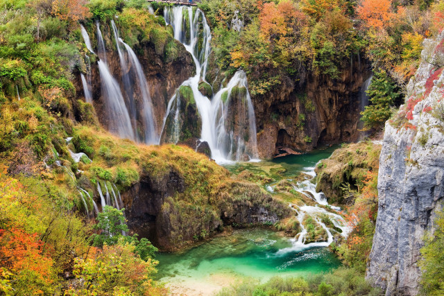 Autumn waterfall bridge river forest free wallpaper - medium preview image