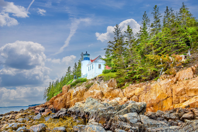 Lighthouse rocky shore trees blue free wallpaper - medium preview image