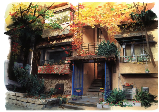 House blue door balcony painting free wallpaper - medium preview image