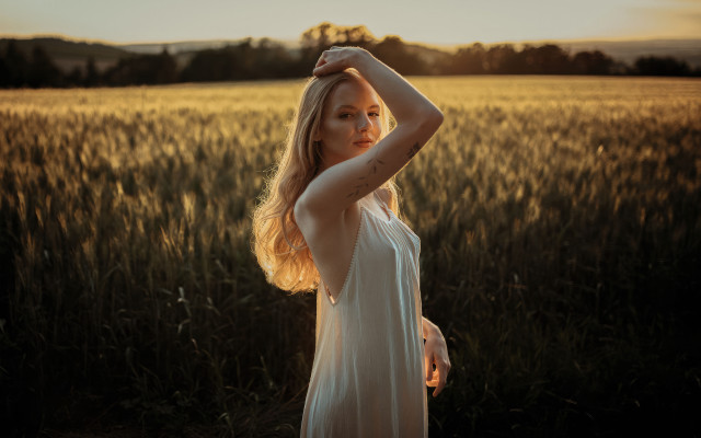 Woman white dress field sunset #6 free wallpaper - medium preview image