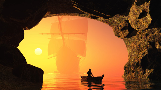Cave boat sunset mountain moon free wallpaper - medium preview image